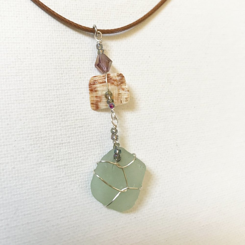 Light Green Sea Glass and Shell Necklace Boho Mermaid Surf Summer Boho Ocean